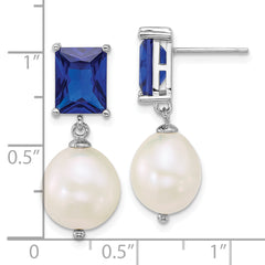 Sterling Silver Rhodium-plated 9-11mm Semi-Round White Freshwater Cultured Pearl and Emerald-cut Blue CZ Dangle Post Earrings