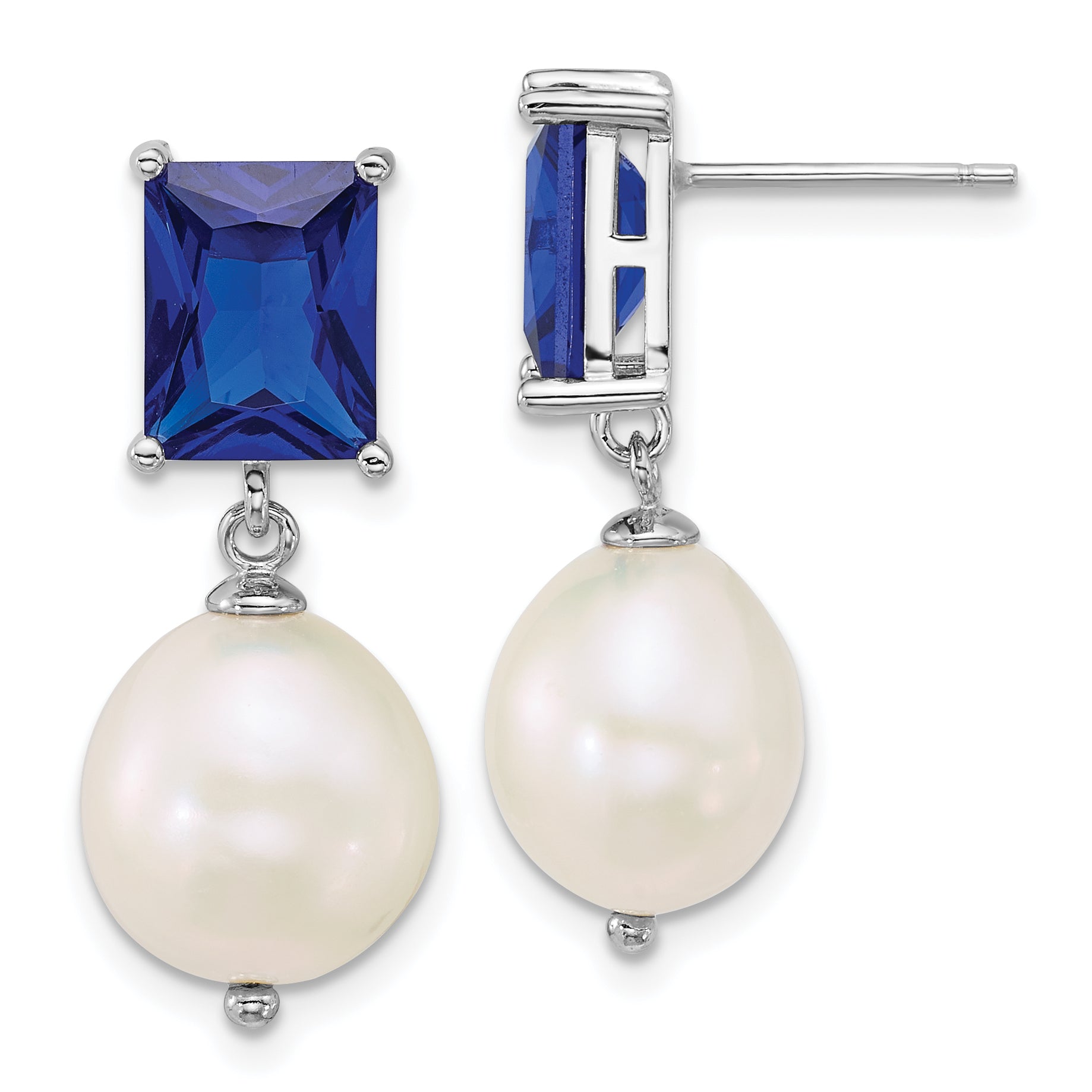 Sterling Silver Rhodium-plated 9-11mm Semi-Round White Freshwater Cultured Pearl and Emerald-cut Blue CZ Dangle Post Earrings