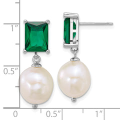 Sterling Silver Rhodium-plated 9-11mm Semi-Round White Freshwater Cultured Pearl and Emerald-cut Green CZ Dangle Post Earrings