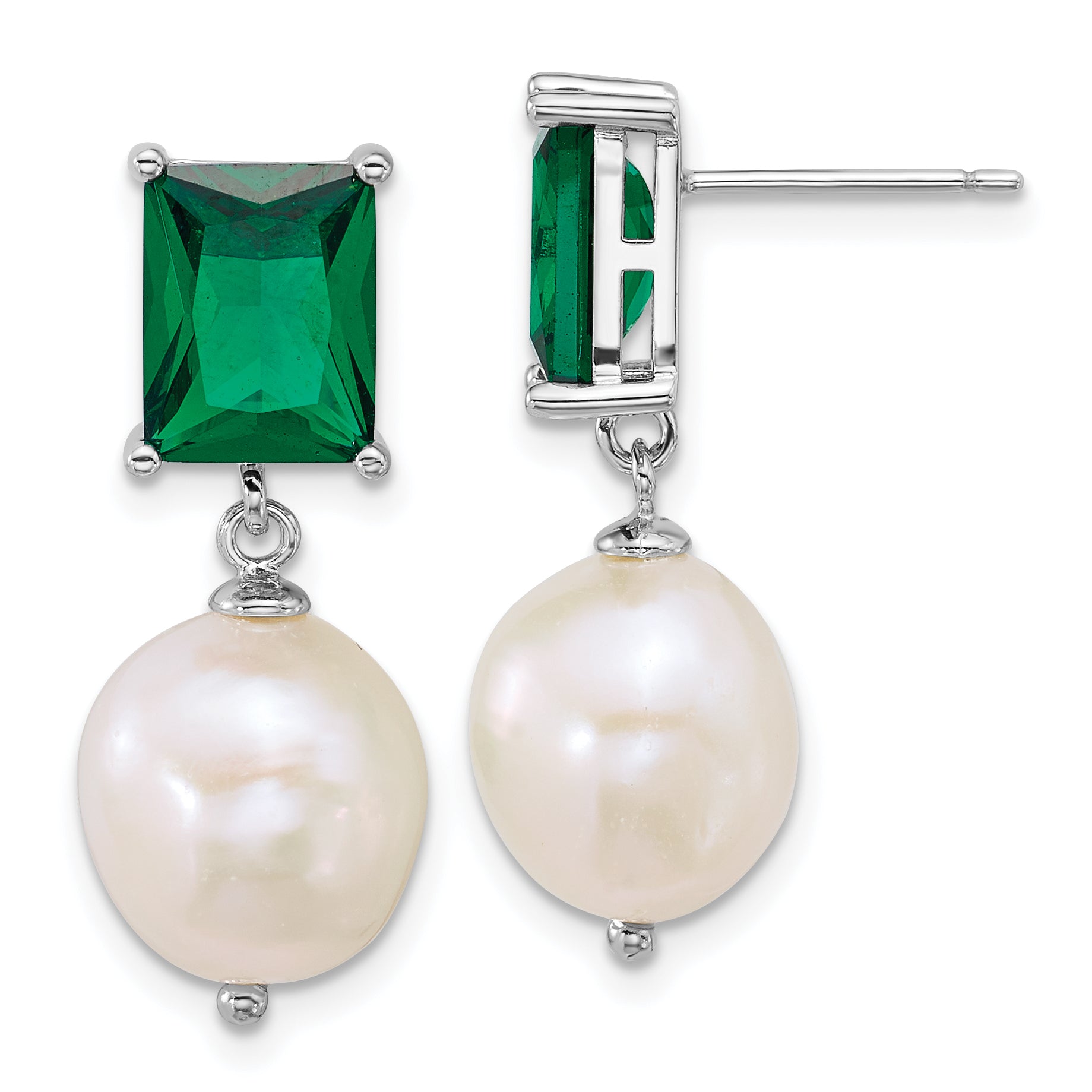 Sterling Silver Rhodium-plated 9-11mm Semi-Round White Freshwater Cultured Pearl and Emerald-cut Green CZ Dangle Post Earrings