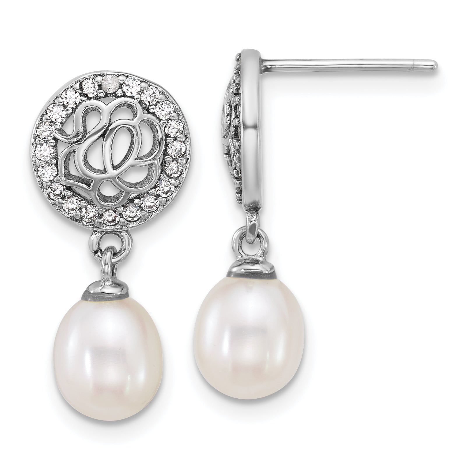 Sterling Silver Rhodium-plated 6-7mm Rice White Freshwater Cultured Pearl and CZ Dangle Post Earrings