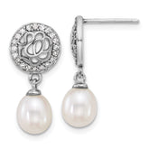 Sterling Silver Rhodium-plated 6-7mm Rice White Freshwater Cultured Pearl and CZ Dangle Post Earrings