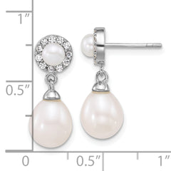 Sterling Silver Rhodium-plated 4-5mm Round and 6-8mm Teardrop Freshwater Cultured Pearl and CZ Halo Dangle Post Earrings