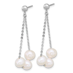 Sterling Silver Rhodium-plated 6-7mm Semi-Round White Freshwater Cultured 3-Pearl and Chain Dangle Post Earrings