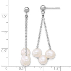 Sterling Silver Rhodium-plated 6-7mm Semi-Round White Freshwater Cultured 3-Pearl and Chain Dangle Post Earrings