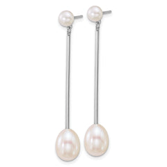 Sterling Silver Rhodium-plated 5-6mm Button and 7-8mm Teardrop White Freshwater Cultured Pearl and Bar Dangle Post Earrings