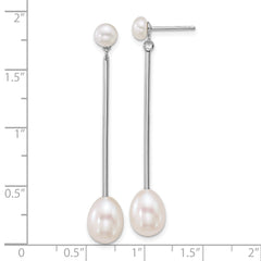 Sterling Silver Rhodium-plated 5-6mm Button and 7-8mm Teardrop White Freshwater Cultured Pearl and Bar Dangle Post Earrings