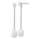Sterling Silver Rhodium-plated 5-6mm Button and 7-8mm Teardrop White Freshwater Cultured Pearl and Bar Dangle Post Earrings