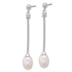 Sterling Silver Rhodium-plated 7-8mm Rice White Freshwater Cultured Pearl and Chain Dangle Post Earrings