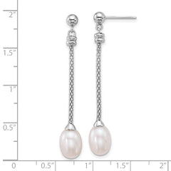 Sterling Silver Rhodium-plated 7-8mm Rice White Freshwater Cultured Pearl and Chain Dangle Post Earrings
