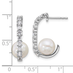 Sterling Silver Rhodium-plated Polished CZ and 7-8mm Round White Freshwater Cultured Pearl J-Hoop Post Earrings