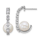 Sterling Silver Rhodium-plated Polished CZ and 7-8mm Round White Freshwater Cultured Pearl J-Hoop Post Earrings