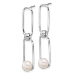 Sterling Silver Rhodium-plated 6-7mm Button White Freshwater Cultured Pearl and Long Link Dangle Post Earrings
