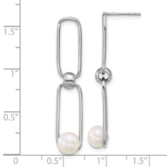 Sterling Silver Rhodium-plated 6-7mm Button White Freshwater Cultured Pearl and Long Link Dangle Post Earrings