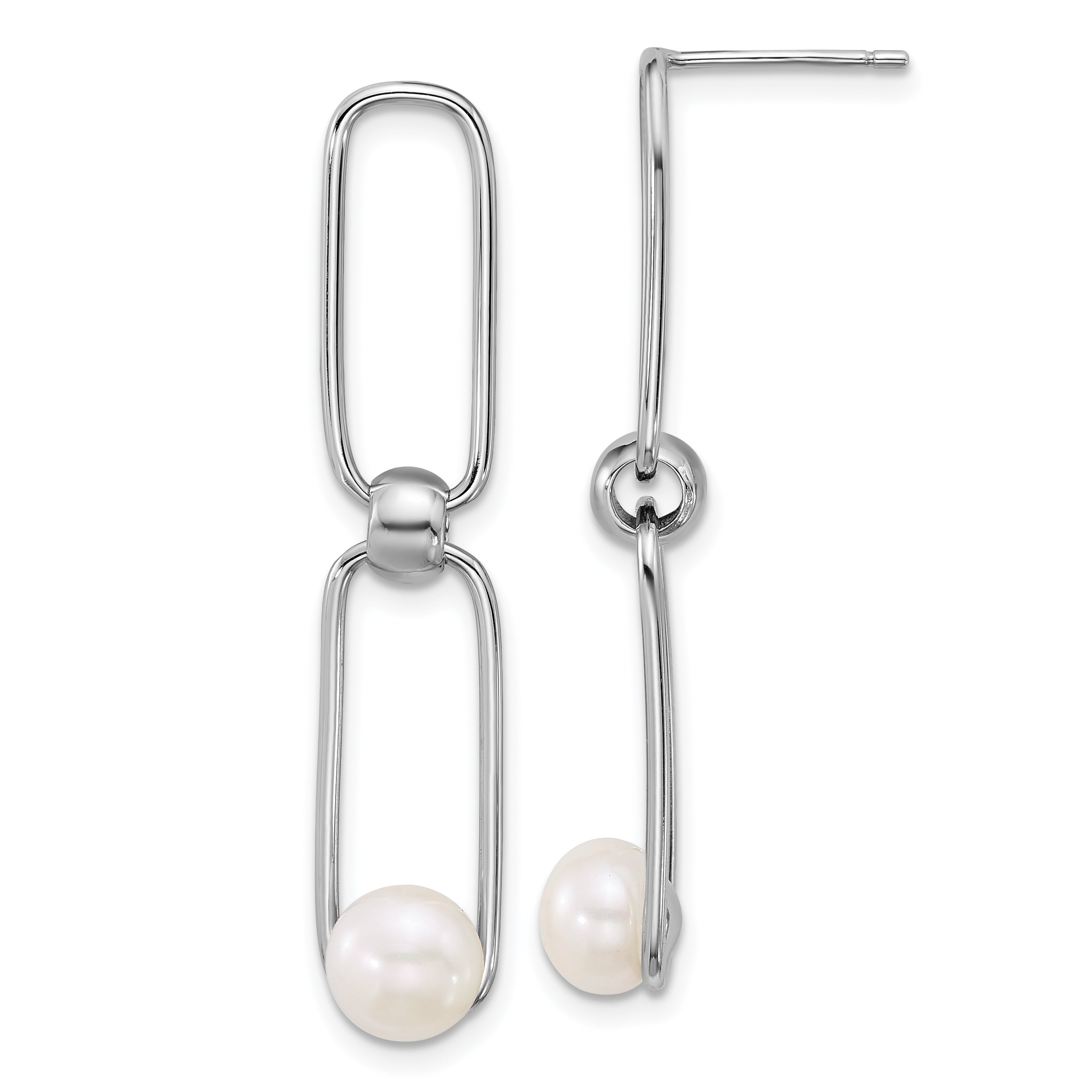 Sterling Silver Rhodium-plated 6-7mm Button White Freshwater Cultured Pearl and Long Link Dangle Post Earrings
