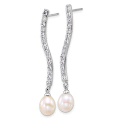 Sterling Silver Rhodium-plated 7-8mm Teardrop White Freshwater Cultured Pearl and CZ Dangle Post Earrings