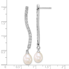 Sterling Silver Rhodium-plated 7-8mm Teardrop White Freshwater Cultured Pearl and CZ Dangle Post Earrings