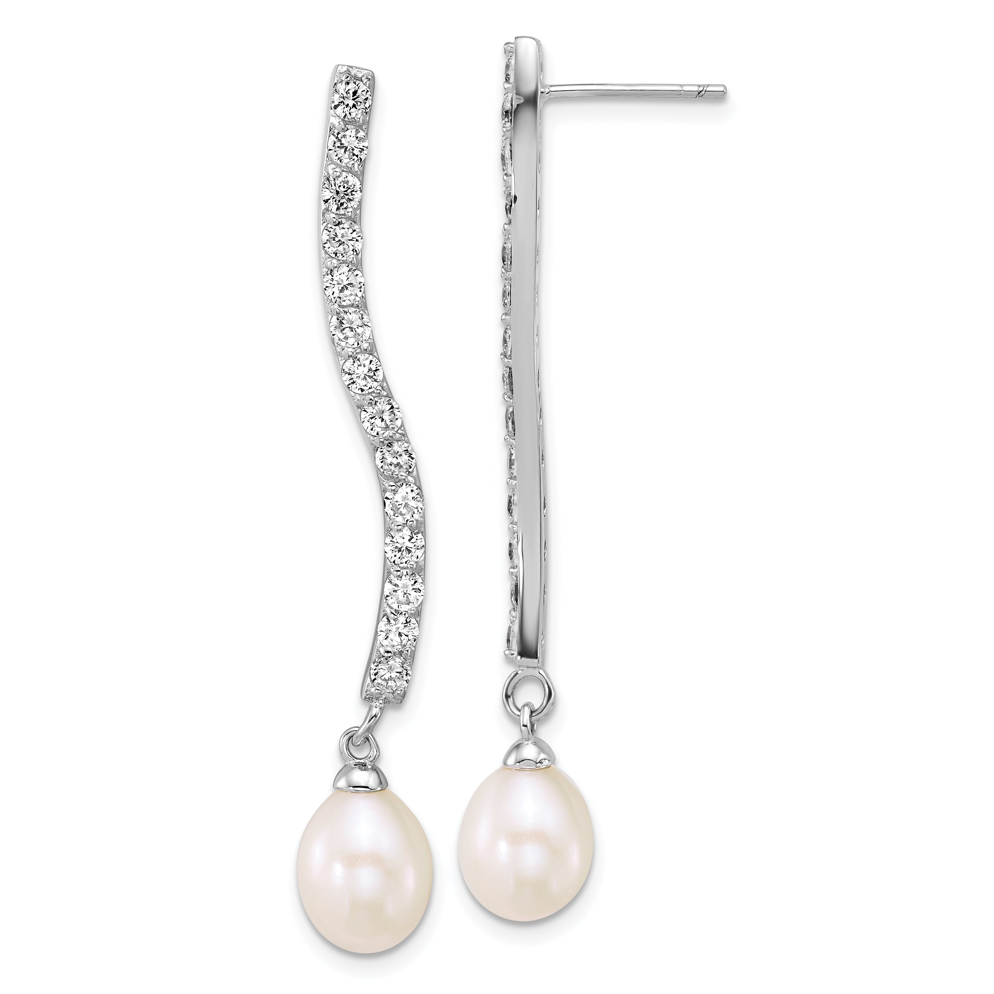 Sterling Silver Rhodium-plated 7-8mm Teardrop White Freshwater Cultured Pearl and CZ Dangle Post Earrings