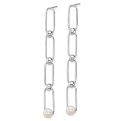 Sterling Silver Rhodium-plated 6-7mm Button White Freshwater Cultured Pearl and Bead Long Link Dangle Post Earrings
