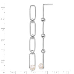 Sterling Silver Rhodium-plated 6-7mm Button White Freshwater Cultured Pearl and Bead Long Link Dangle Post Earrings