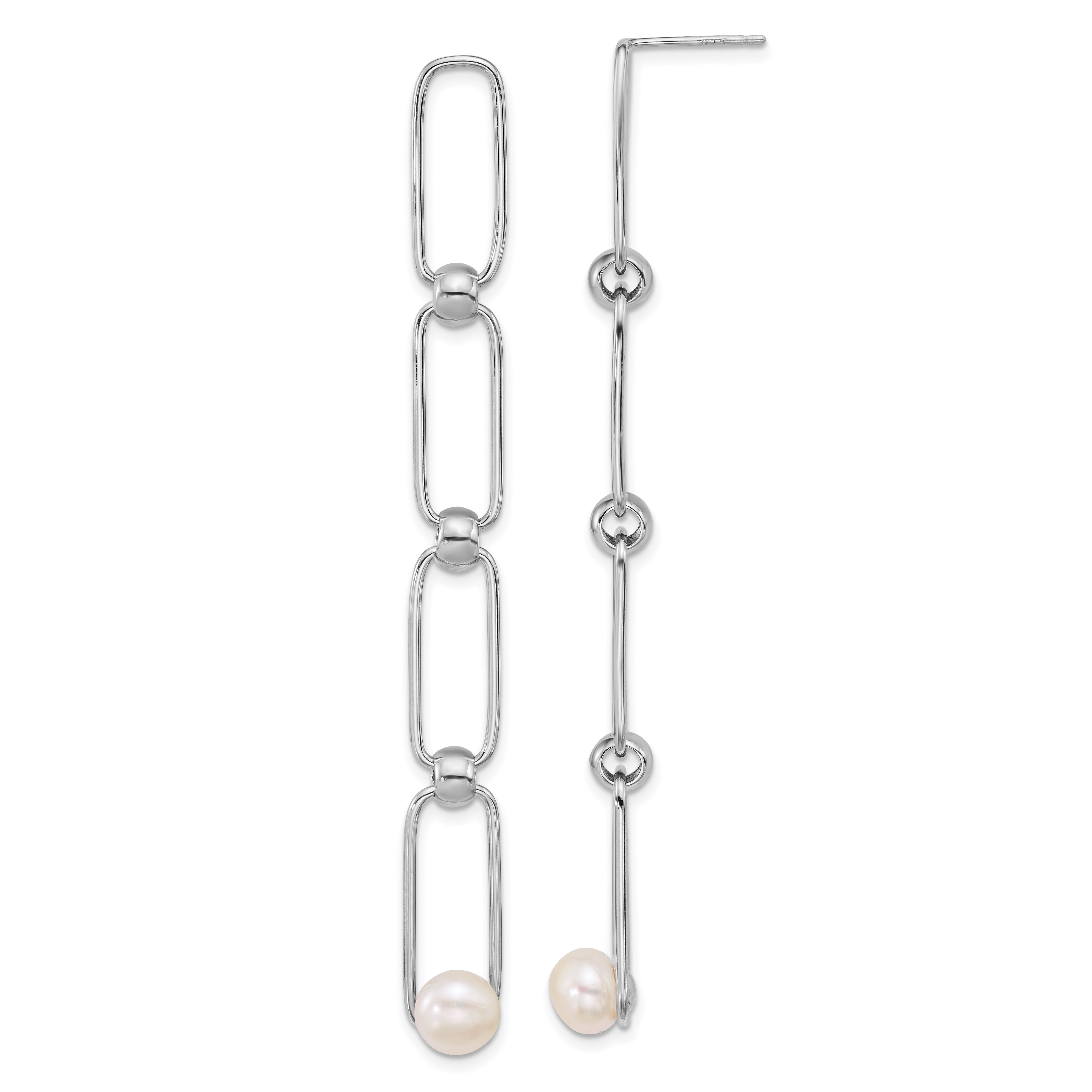 Sterling Silver Rhodium-plated 6-7mm Button White Freshwater Cultured Pearl and Bead Long Link Dangle Post Earrings