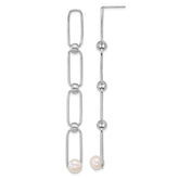Sterling Silver Rhodium-plated 6-7mm Button White Freshwater Cultured Pearl and Bead Long Link Dangle Post Earrings