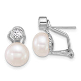 Sterling Silver Rhodium-plated 8-9mm Button White Freshwater Cultured Pearl and CZ Omega Back Earrings