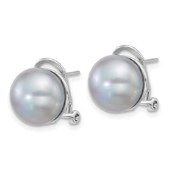 Sterling Silver Rhodium-plated 11-12mm Button Grey Freshwater Cultured Pearl Omega Back Earrings