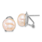 Sterling Silver Rhodium-plated 11-12mm Button Pink Freshwater Cultured Pearl Omega Back Earrings