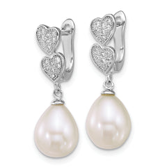 Sterling Silver Rhodium-plated 7-9mm Teardrop White Freshwater Cultured Pearl and CZ Hearts Dangle Earrings