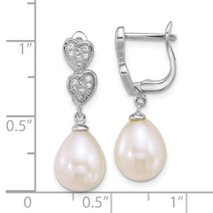 Sterling Silver Rhodium-plated 7-9mm Teardrop White Freshwater Cultured Pearl and CZ Hearts Dangle Earrings