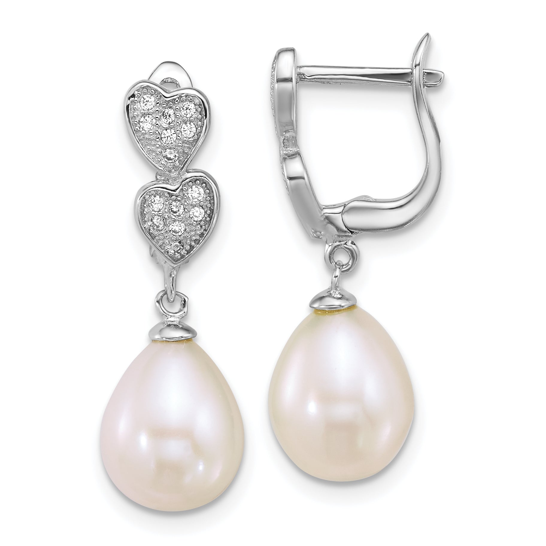 Sterling Silver Rhodium-plated 7-9mm Teardrop White Freshwater Cultured Pearl and CZ Hearts Dangle Earrings
