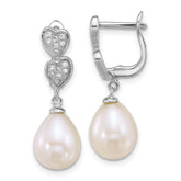 Sterling Silver Rhodium-plated 7-9mm Teardrop White Freshwater Cultured Pearl and CZ Hearts Dangle Earrings