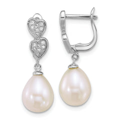Sterling Silver Rhodium-plated 7-9mm Teardrop White Freshwater Cultured Pearl and CZ Hearts Dangle Earrings