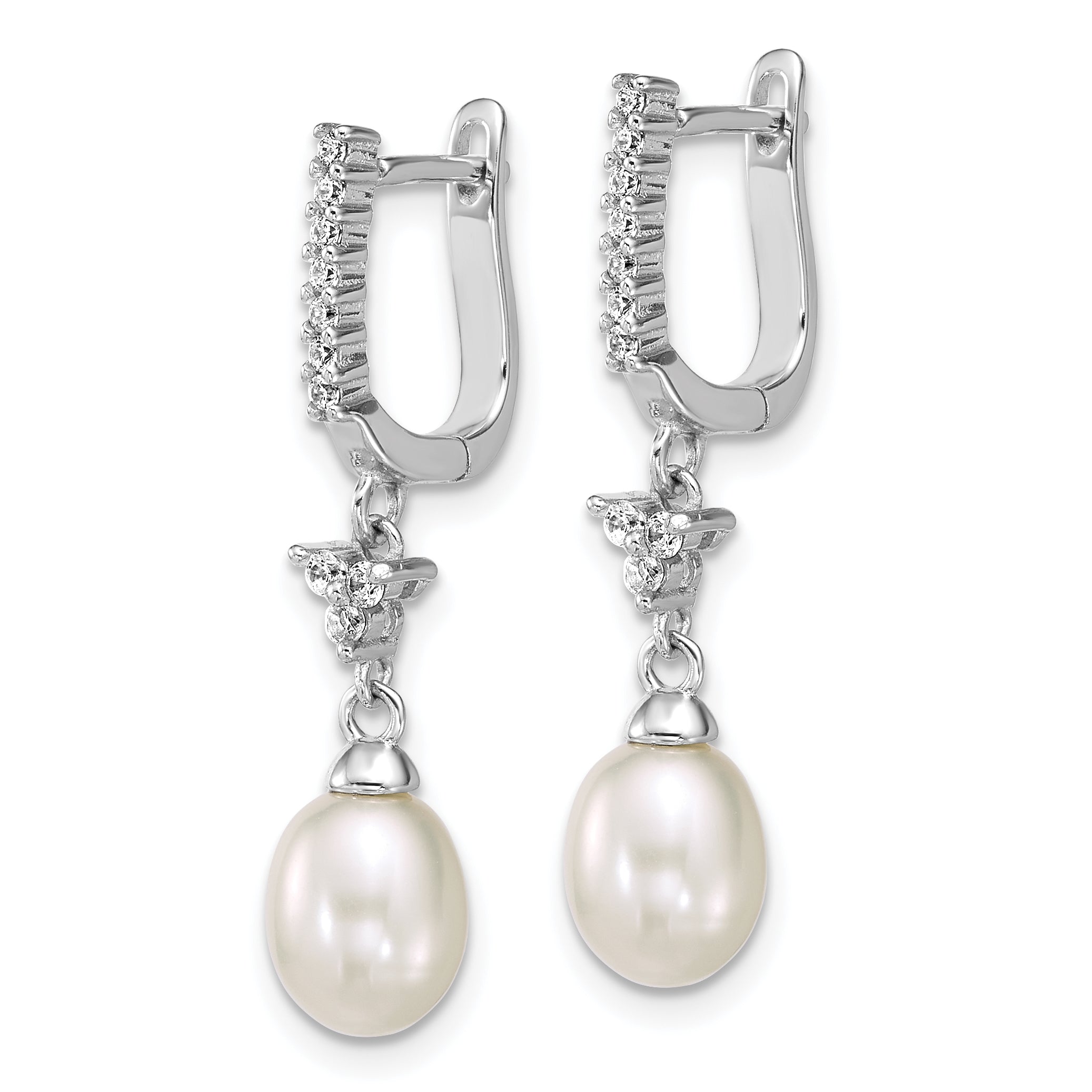 Sterling Silver Rhodium-plated 6-7mm Teardrop White Freshwater Cultured Pearl and CZ Dangle Hoop Earrings