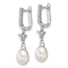 Sterling Silver Rhodium-plated 6-7mm Teardrop White Freshwater Cultured Pearl and CZ Dangle Hoop Earrings