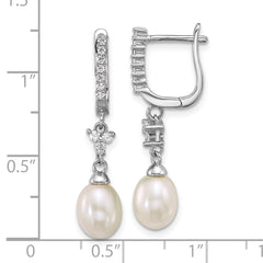 Sterling Silver Rhodium-plated 6-7mm Teardrop White Freshwater Cultured Pearl and CZ Dangle Hoop Earrings
