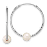 Sterling Silver Rhodium-plated 7-8mm Semi-Round White Freshwater Cultured Pearl 32mm Endless Hoop Earrings