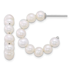Sterling Silver Rhodium-plated 5-6mm Semi-Round White Freshwater Cultured Pearl C-Hoop Post Earrings