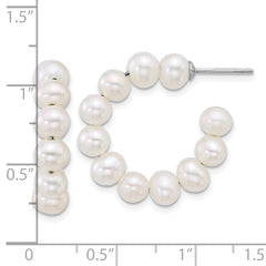 Sterling Silver Rhodium-plated 5-6mm Semi-Round White Freshwater Cultured Pearl C-Hoop Post Earrings