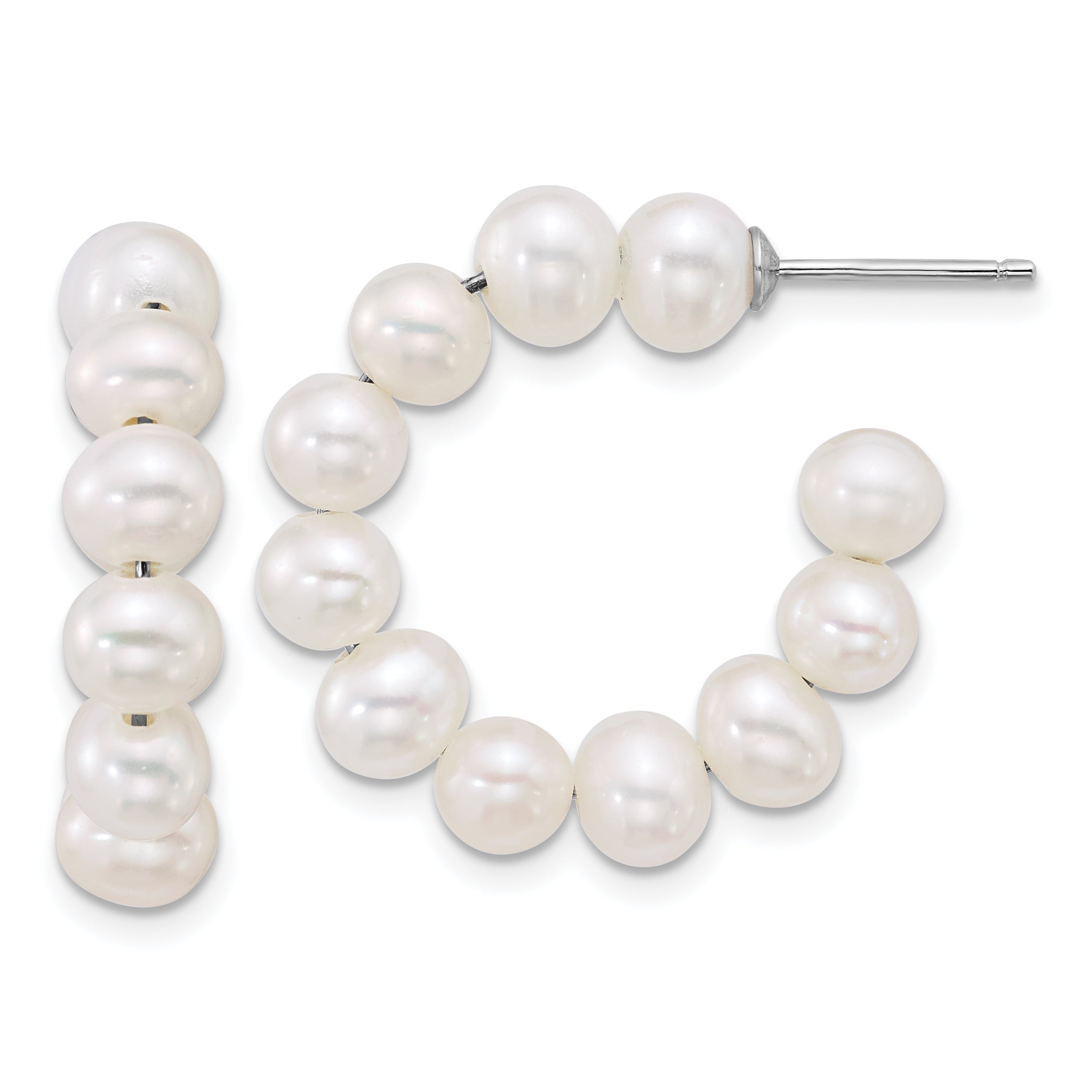 Sterling Silver Rhodium-plated 5-6mm Semi-Round White Freshwater Cultured Pearl C-Hoop Post Earrings