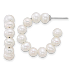 Sterling Silver Rhodium-plated 5-6mm Semi-Round White Freshwater Cultured Pearl C-Hoop Post Earrings