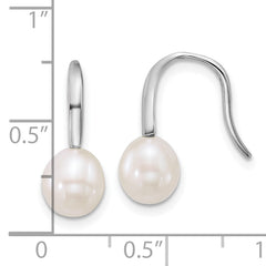 Sterling Silver Rhodium-plated 7-8mm Teardrop White Freshwater Cultured Pearl Dangle Shepherd Hook Earrings