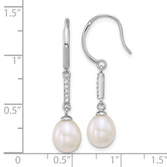 Sterling Silver Rhodium-plated 6-8mm Teardrop White Freshwater Cultured Pearl and CZ Dangle Shepherd Hook Earrings