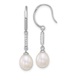 Sterling Silver Rhodium-plated 6-8mm Teardrop White Freshwater Cultured Pearl and CZ Dangle Shepherd Hook Earrings