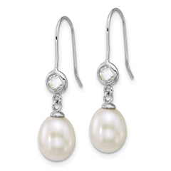 Sterling Silver Rhodium-plated 6-7mm Rice White Freshwater Cultured Pearl and Glass Stone Dangle Shepherd Hook Earrings