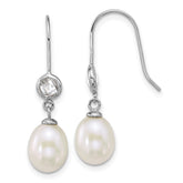 Sterling Silver Rhodium-plated 6-7mm Rice White Freshwater Cultured Pearl and Glass Stone Dangle Shepherd Hook Earrings