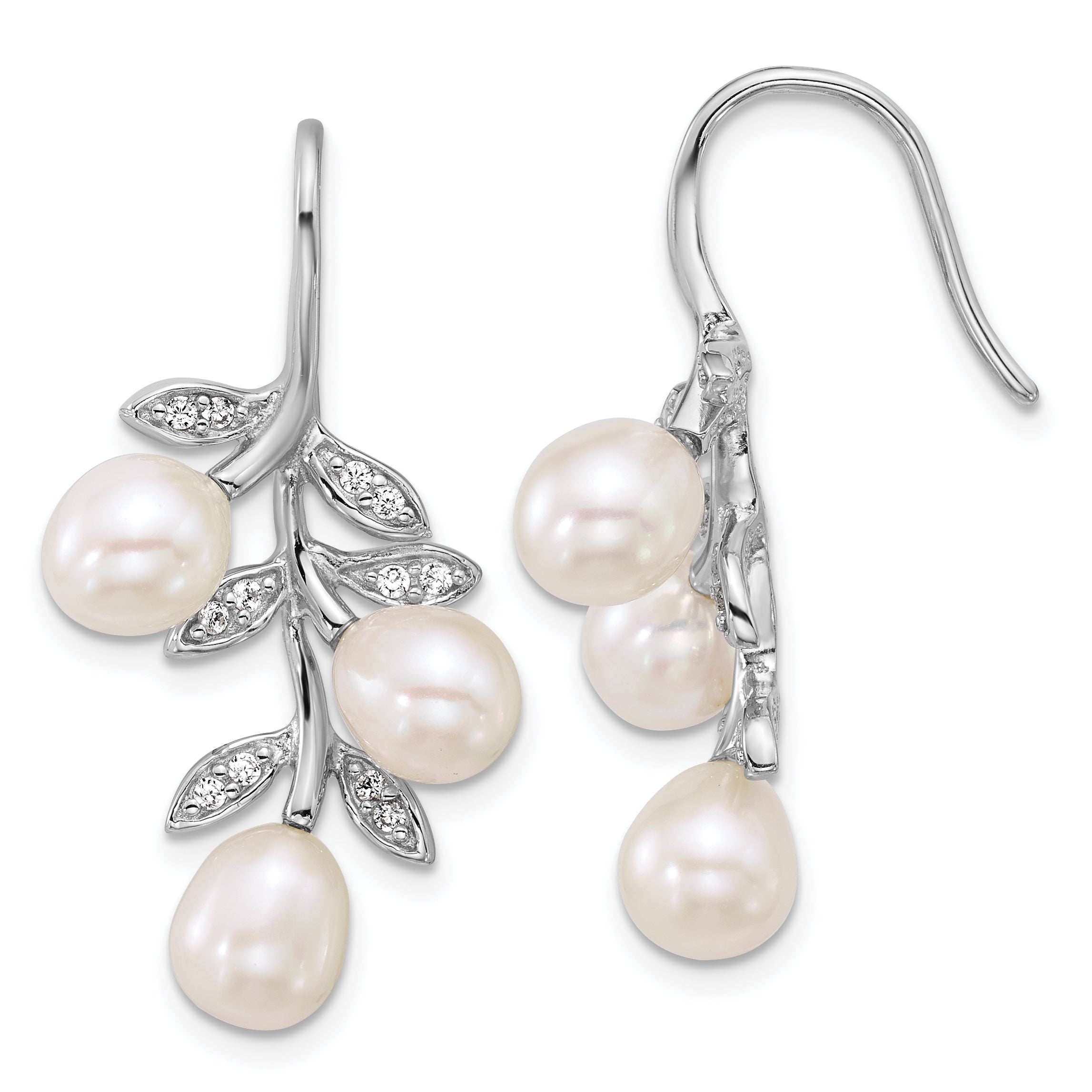 Sterling Silver Rhodium-plated 6-8mm Rice White Freshwater Cultured Pearland CZ Leaf Dangle Shepherd Hook Earrings