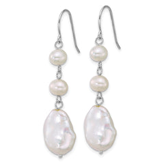 Sterling Silver Rhodium-plated 6-7mm Round and 11-12mm Keshi White Freshwater Cultured Pearl Dangle Shepherd Hook Earrings