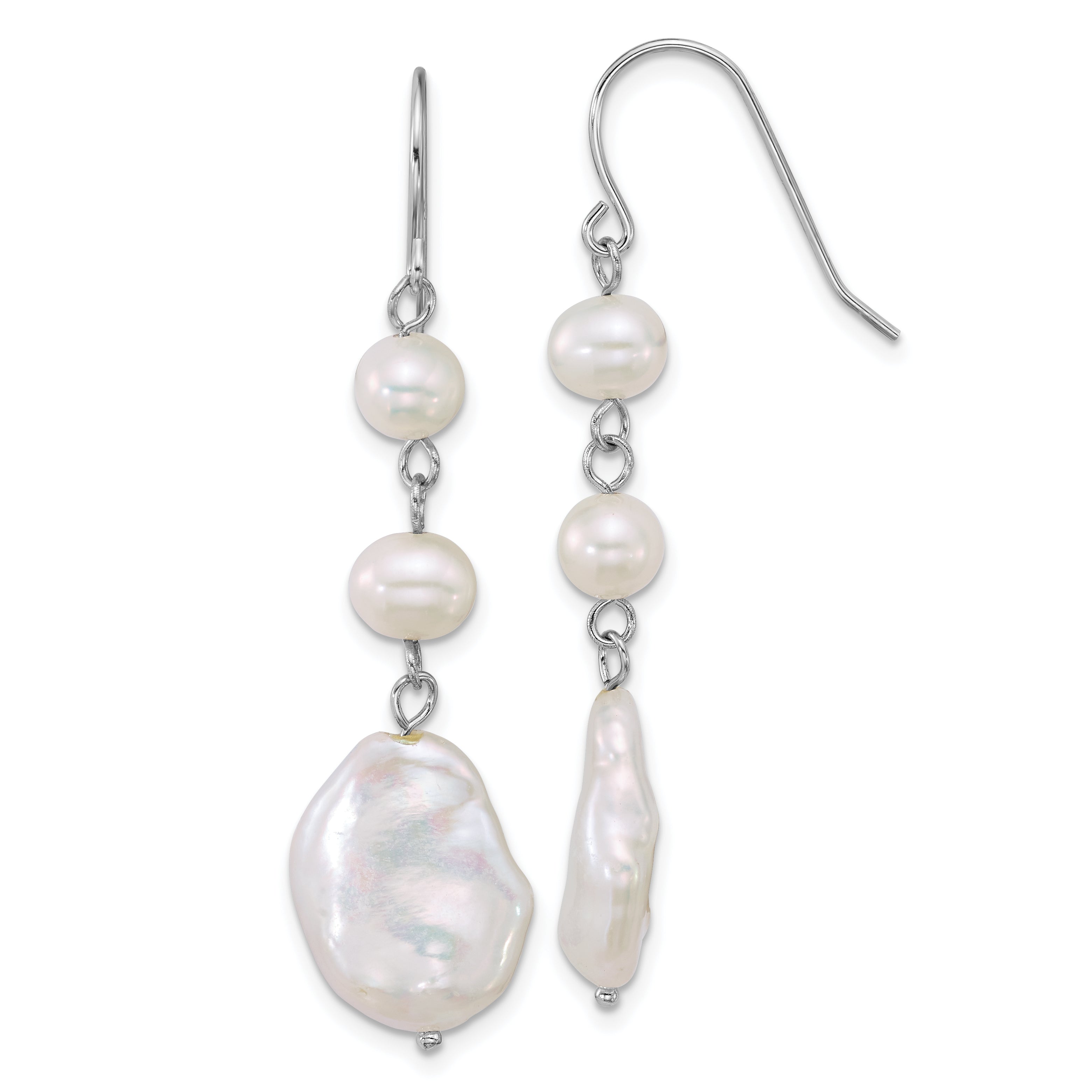 Sterling Silver Rhodium-plated 6-7mm Round and 11-12mm Keshi White Freshwater Cultured Pearl Dangle Shepherd Hook Earrings